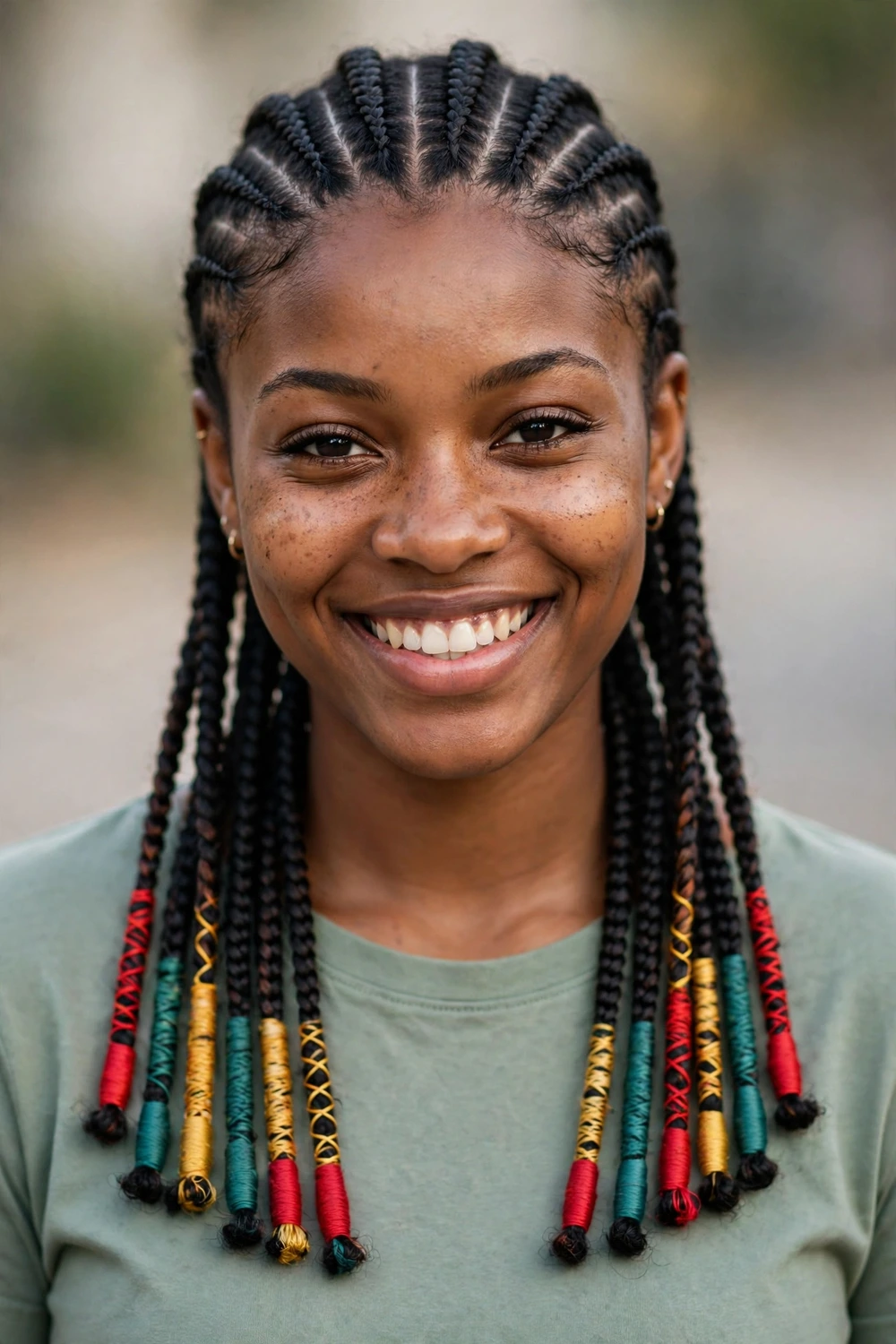 Natural cornrows finished with colorful thread wraps on a Black woman