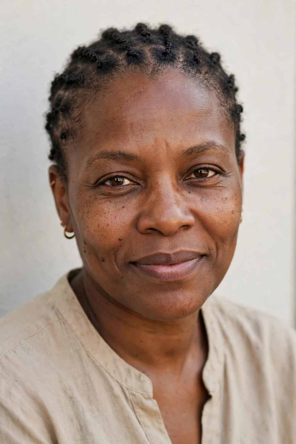 Short natural cornrows on a TWA on a Black woman