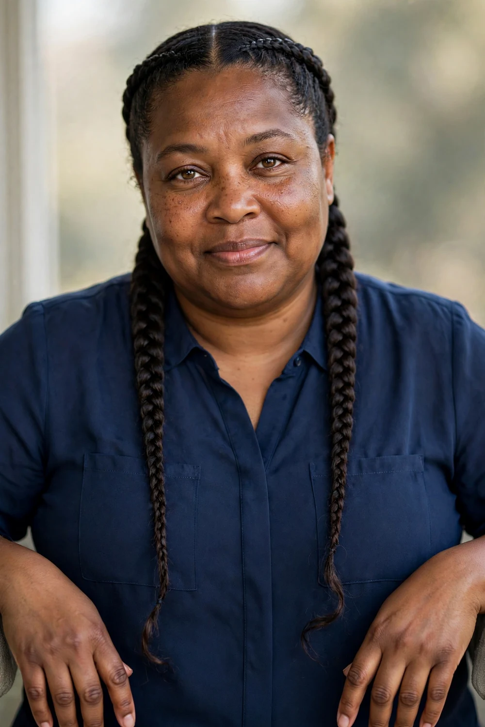Two natural cornrows twin braids on a Black woman