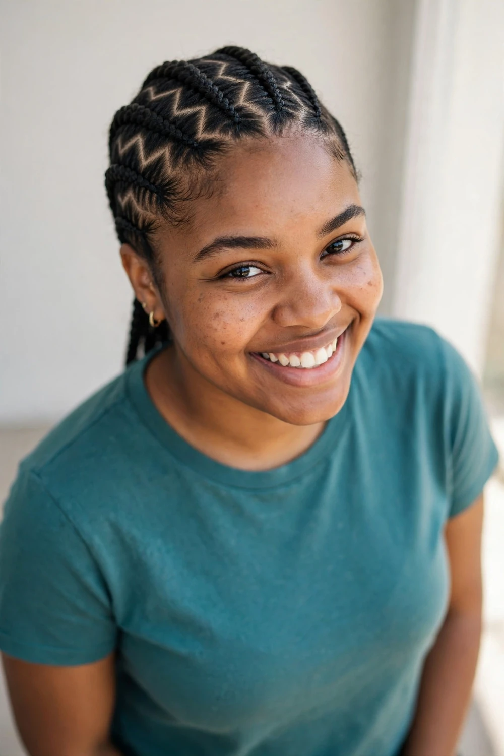 Natural cornrows with zigzag parting on a Black woman