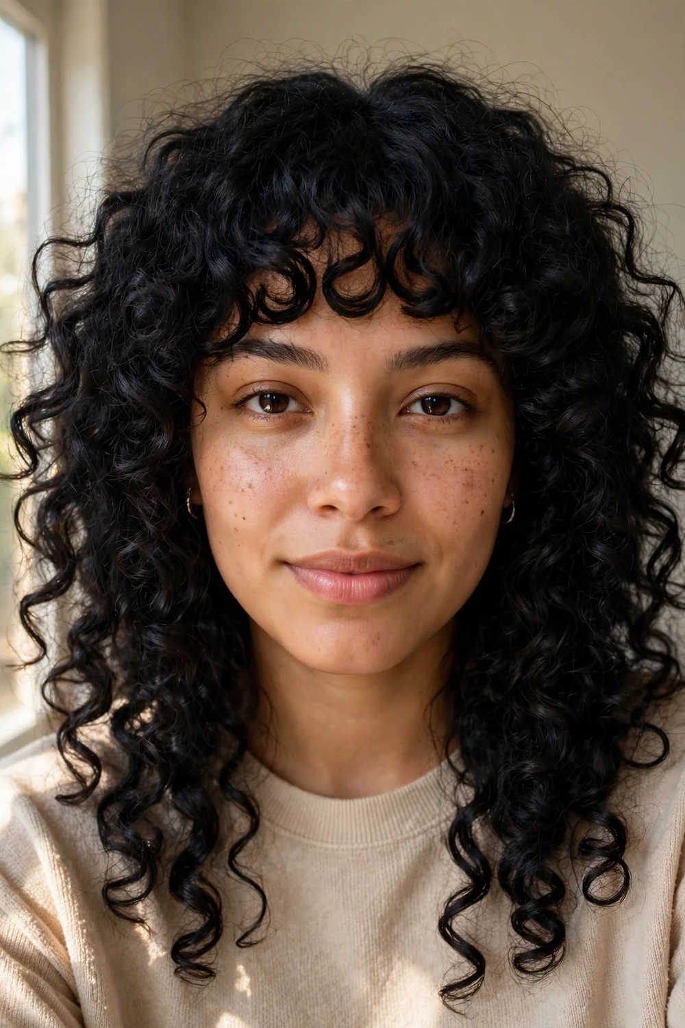 Woman with natural thick curls and a curly fringe