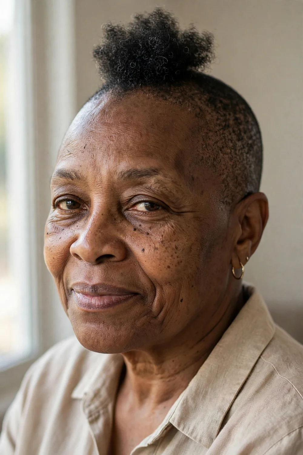Older Black woman with a small natural puff on top and shaved sides