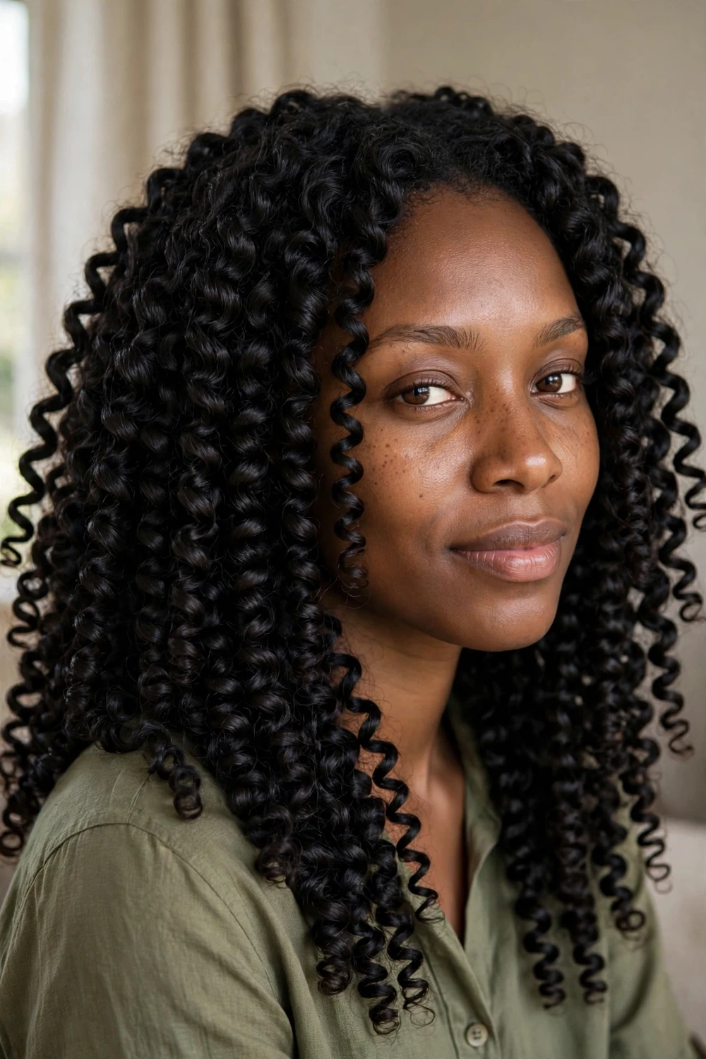 Woman with defined natural spiral ringlets in thick hair