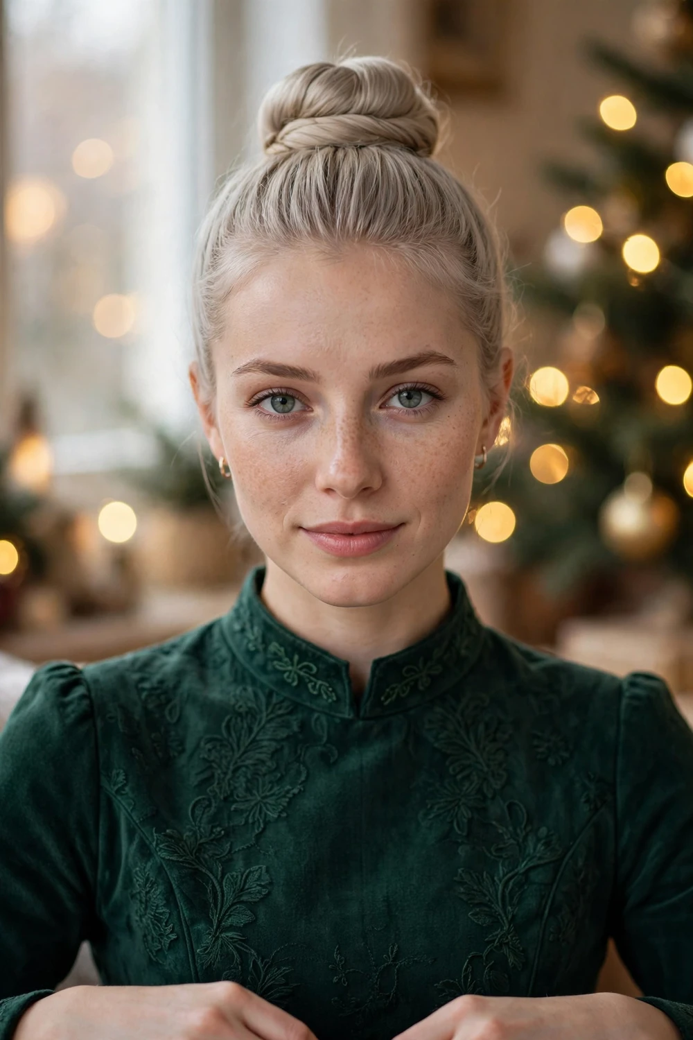 Woman with tight high symmetrical ballet bun