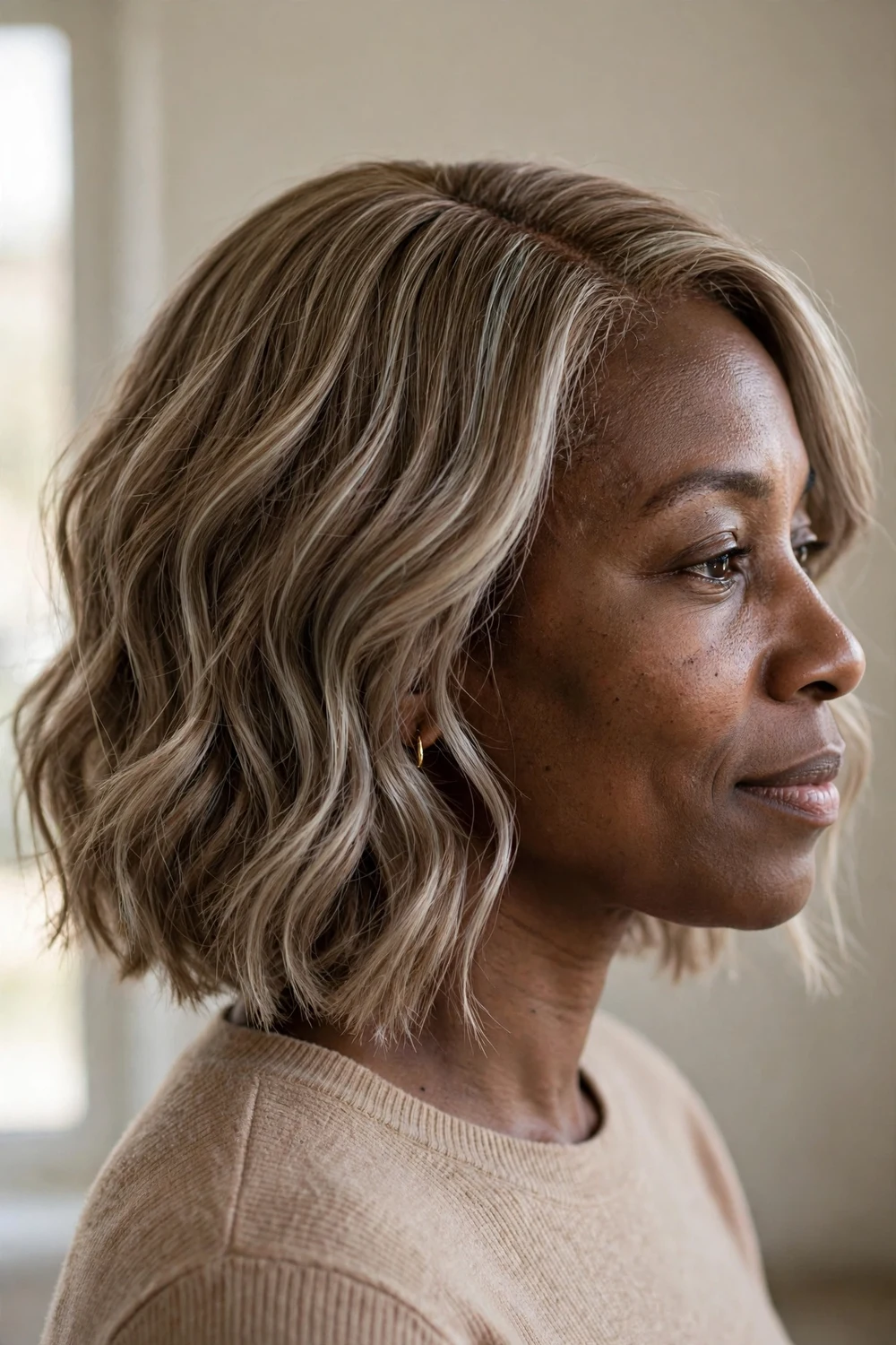 Neck-length razored wavy bob with midshaft bends on highlighted light brown hair, side view