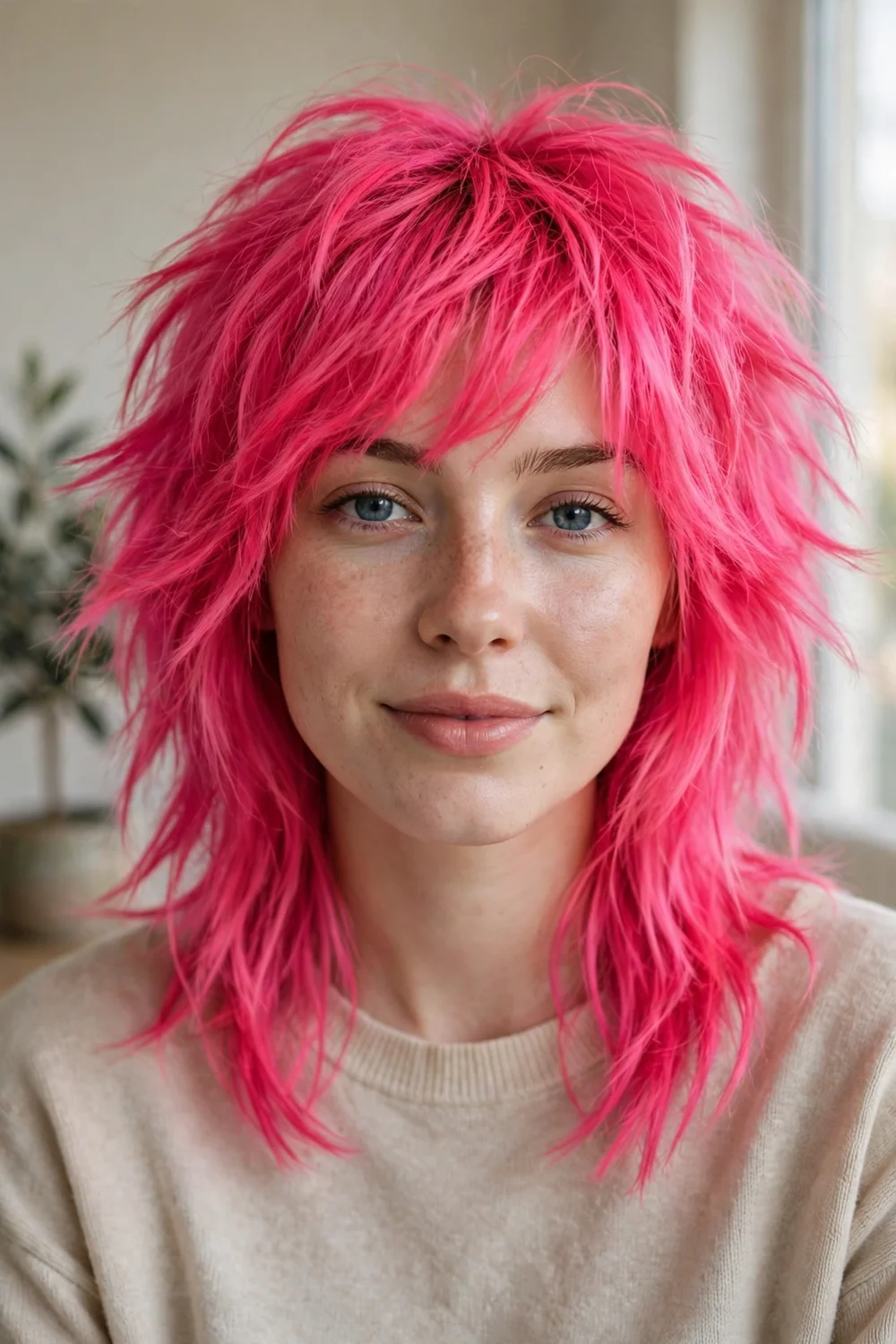 Neon pink wolf cut with bright pink color and choppy layers on pink medium hair