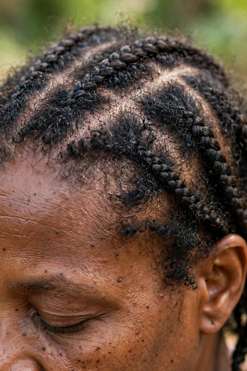 Close-up of new growth at the roots of aging box braids