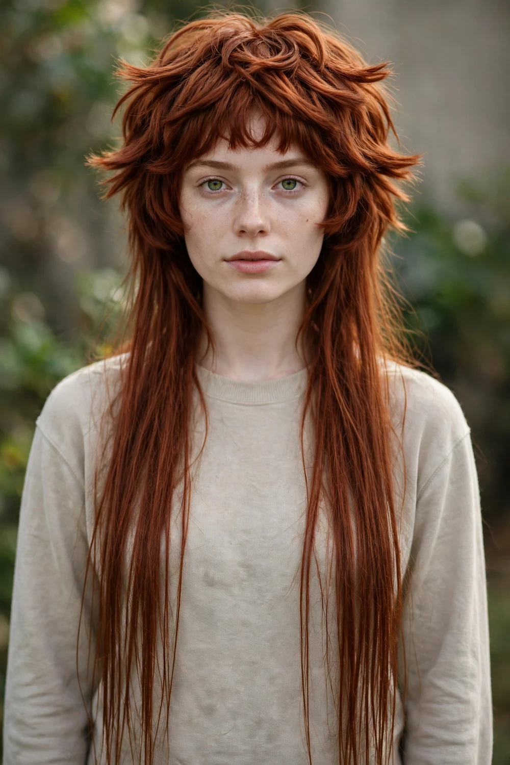 Woman with long dark hair in an octopus haircut with heavy top layers and long thin ends, side view