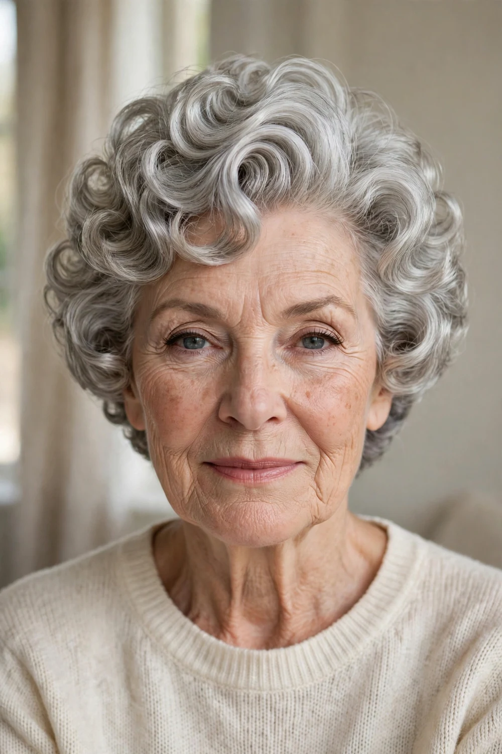 Older woman with an old-Hollywood glam curly pixie, big polished silver curls