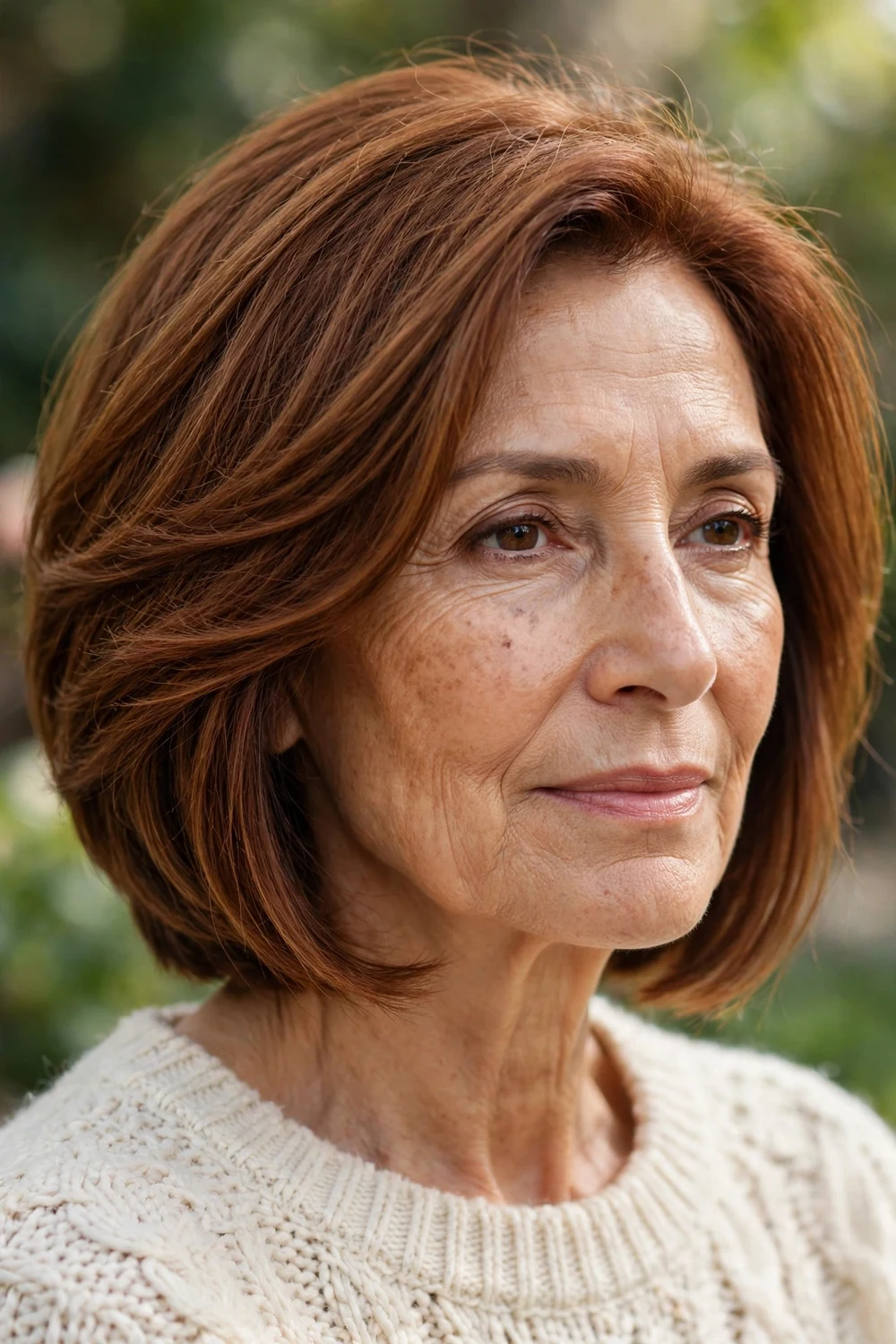 Woman over 60 with an angled bob shorter at the back and longer in front