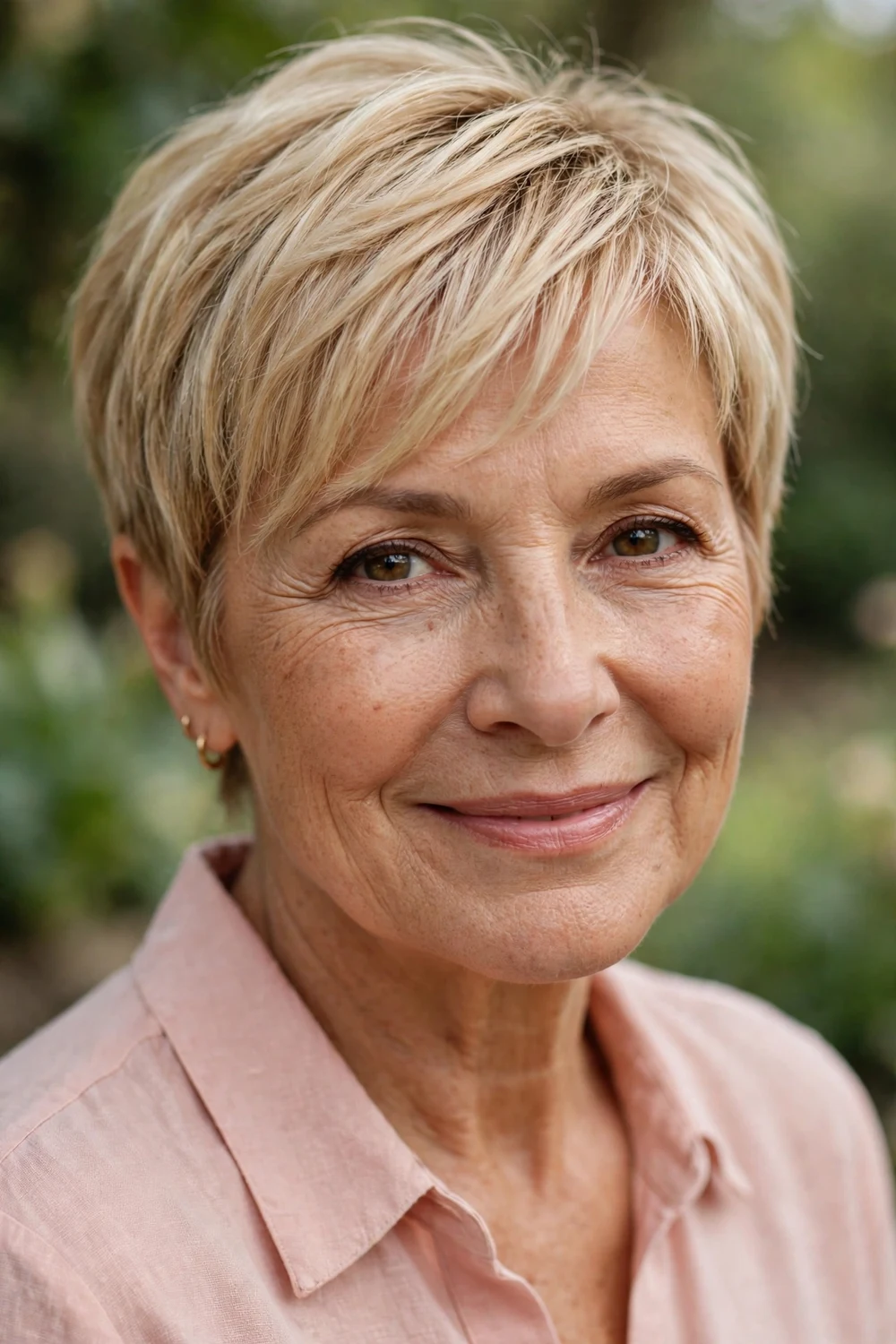 Woman over 60 with a blonde pixie with side-swept bangs