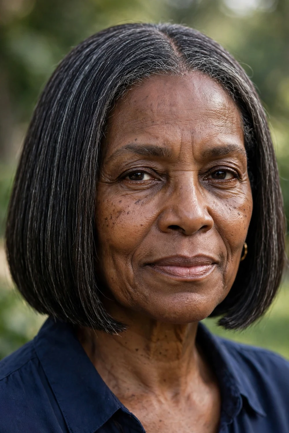 Woman over 60 with a blunt bob with a sharp clean perimeter