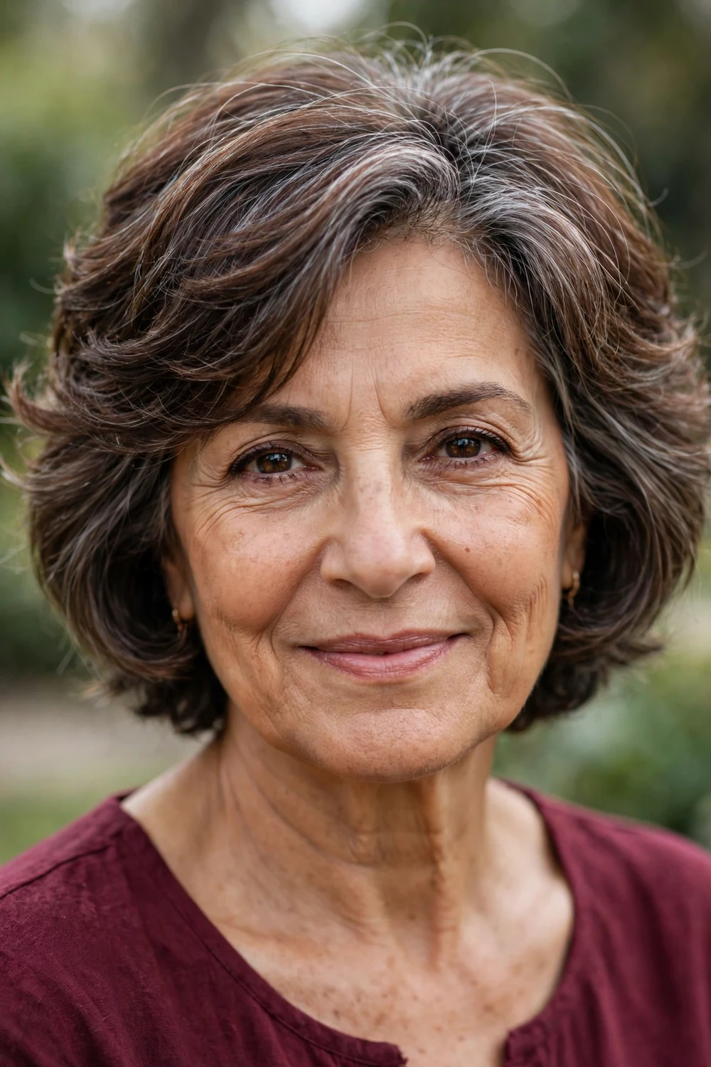 Woman over 60 with a bouncy layered haircut with varying tones