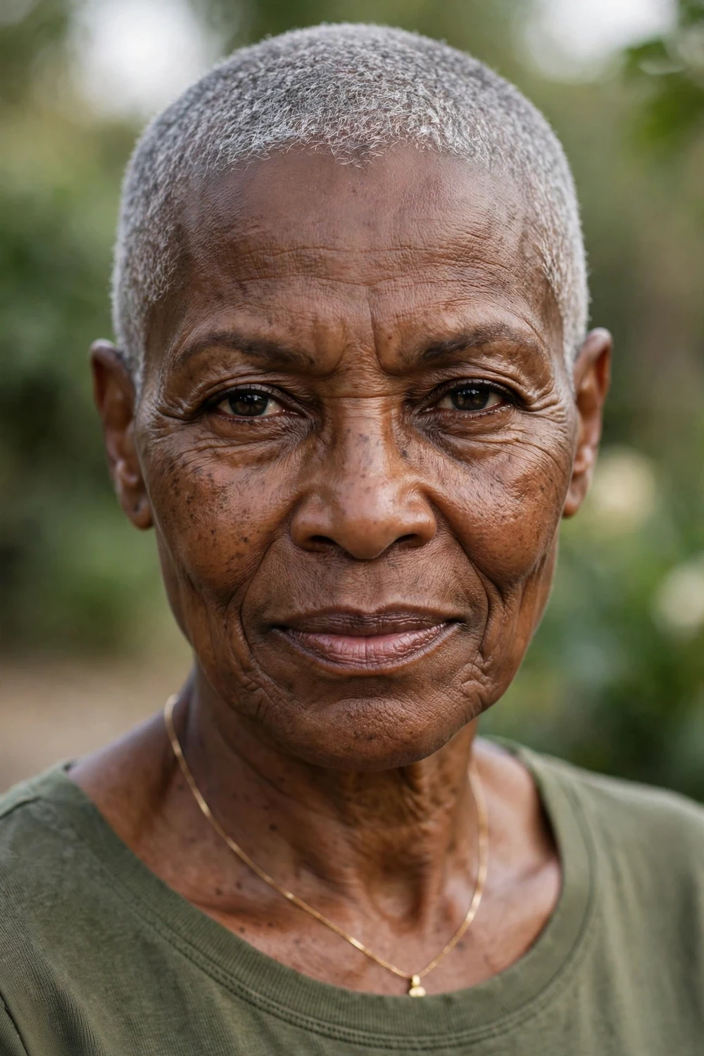 Woman over 60 with a bold buzz cut with short even length