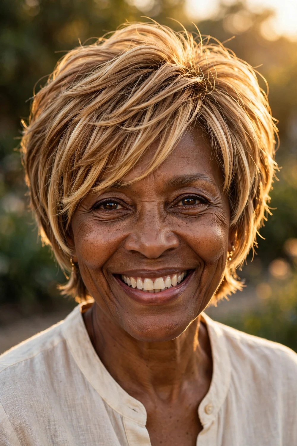 Woman over 60 with a caramel blonde layered bixie with warm dimension