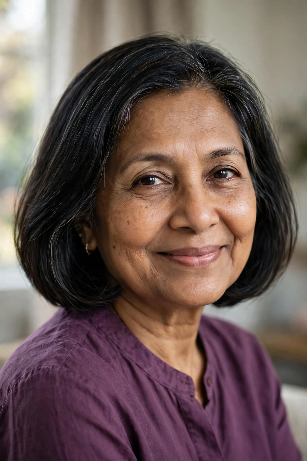 Woman over 60 with a chin-length bob framing the face