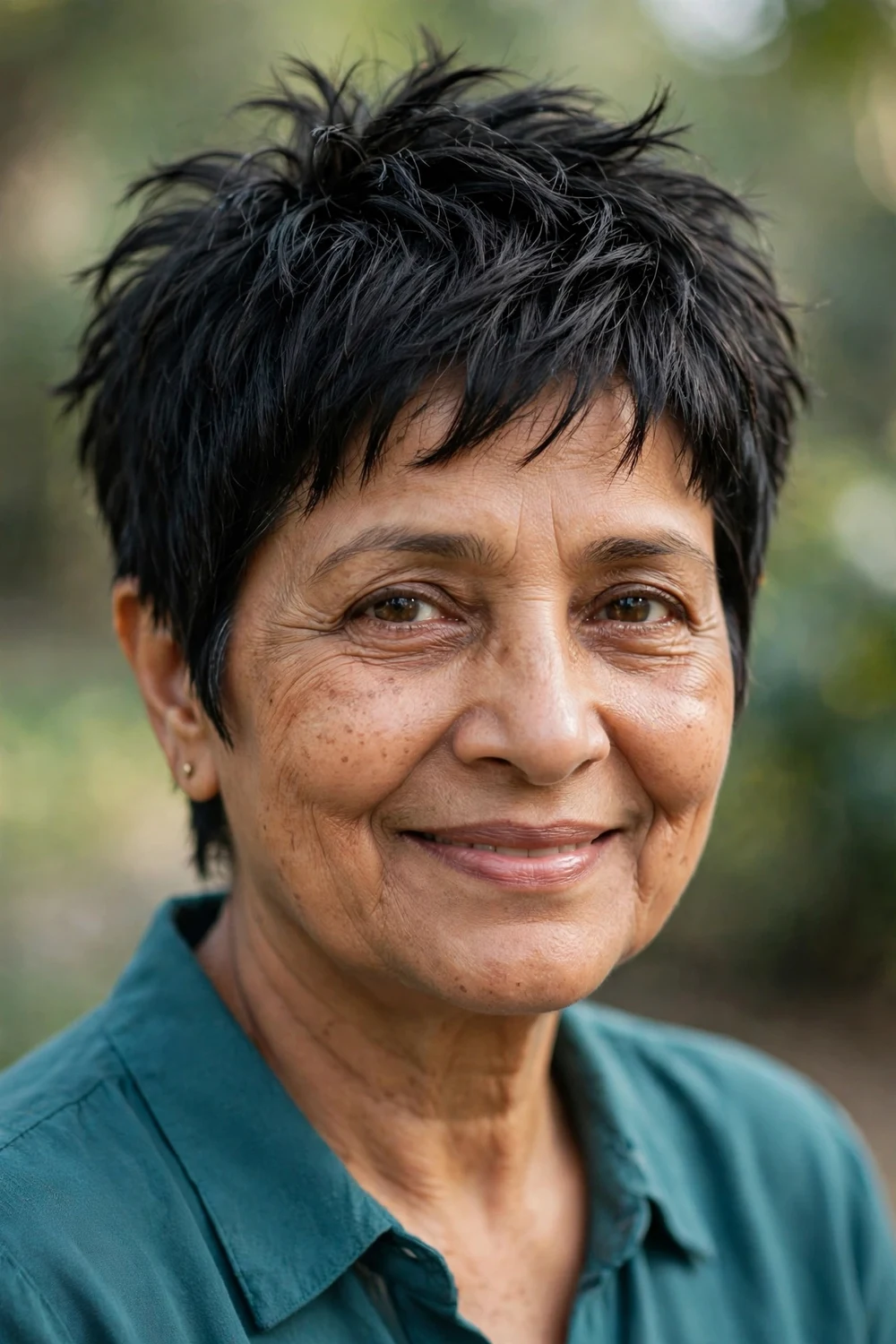 Woman over 60 with a textured choppy pixie with piecey layers