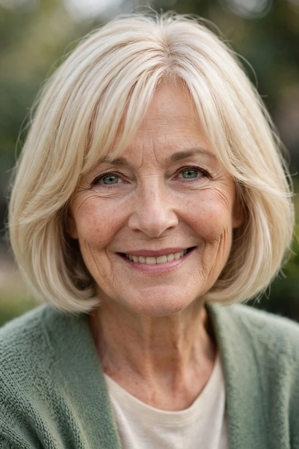 Woman over 60 with a cream blonde short bob with curtain fringe