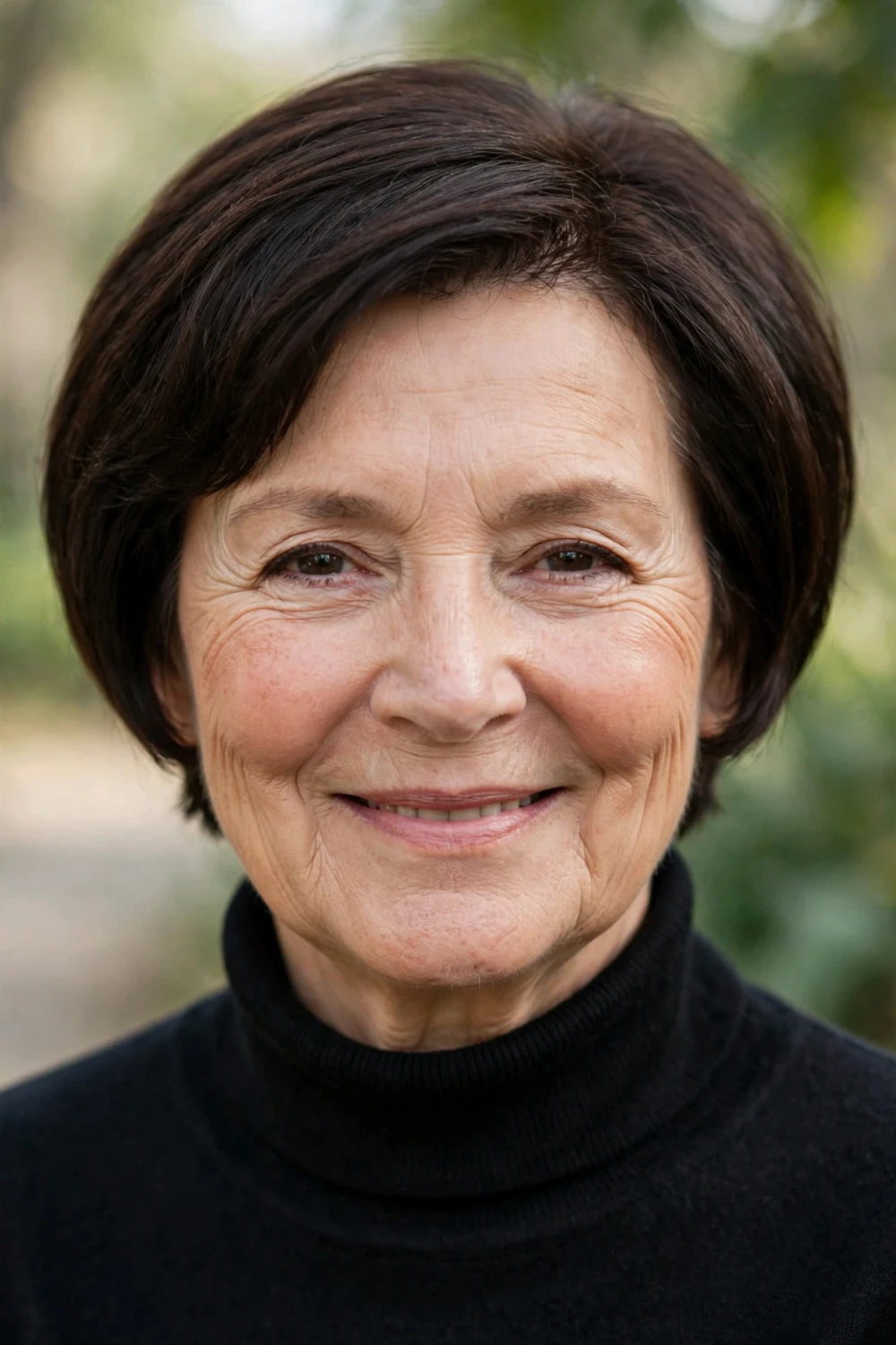 Woman over 60 with a cropped brunette bob with hidden nape layers