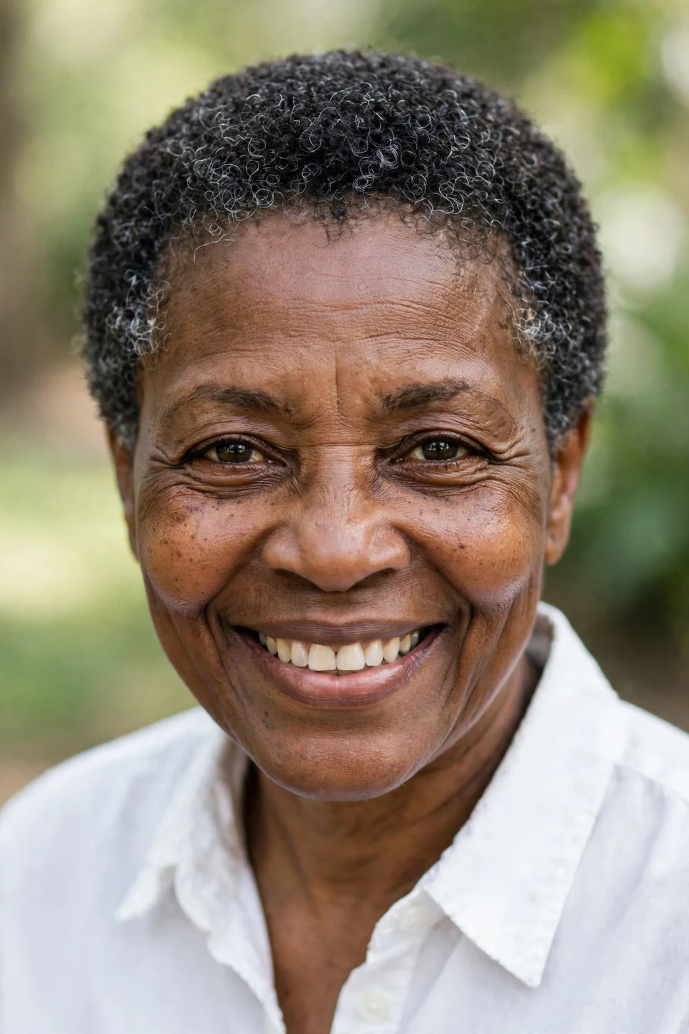 Woman over 60 with a very short crop with diffused curls