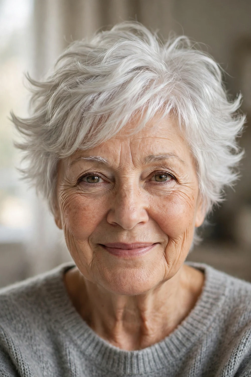 Woman over 60 with a feathered pixie with soft airy layers