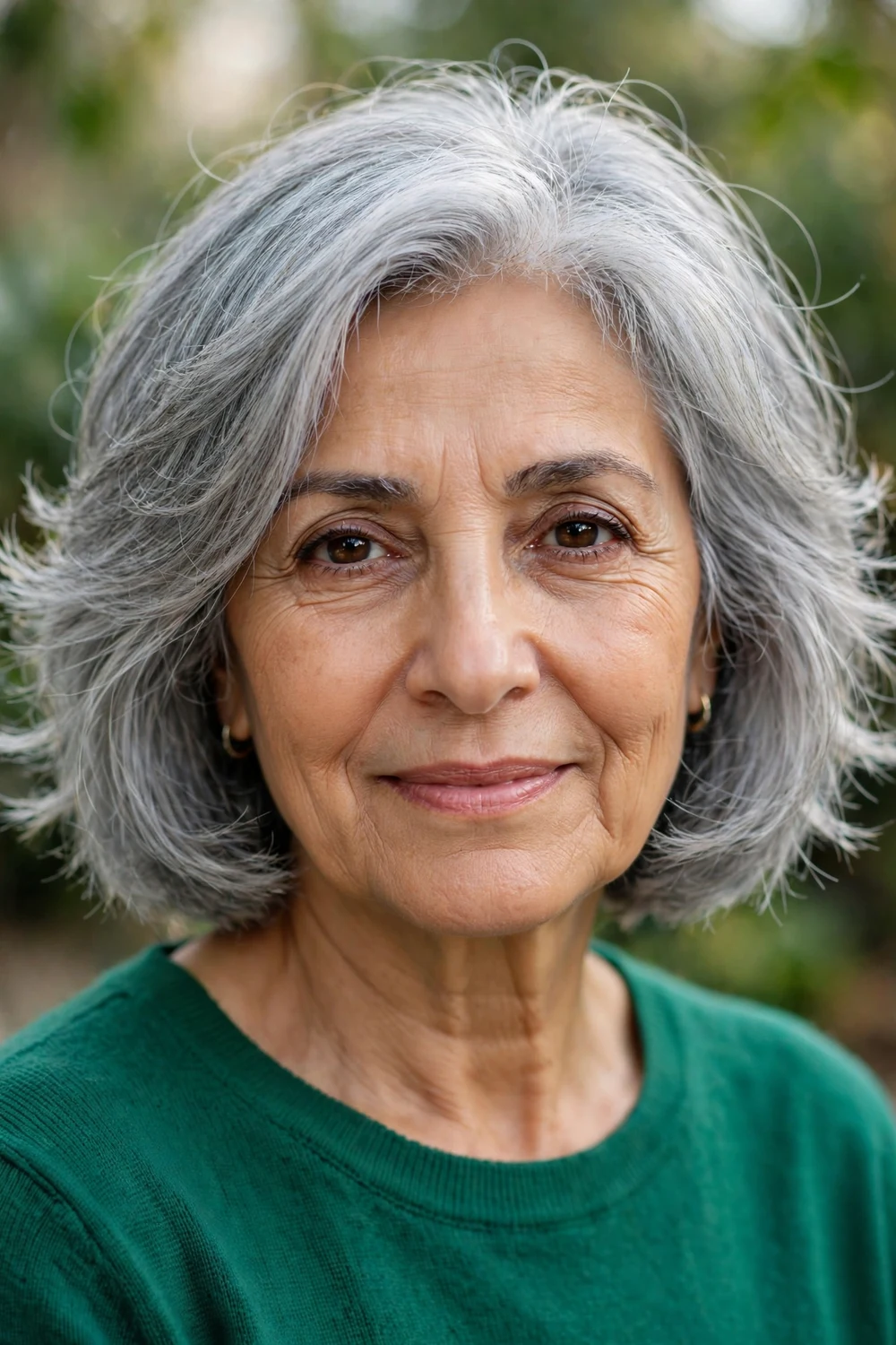 Woman over 60 with a frosted gray feathered bob with airy layers