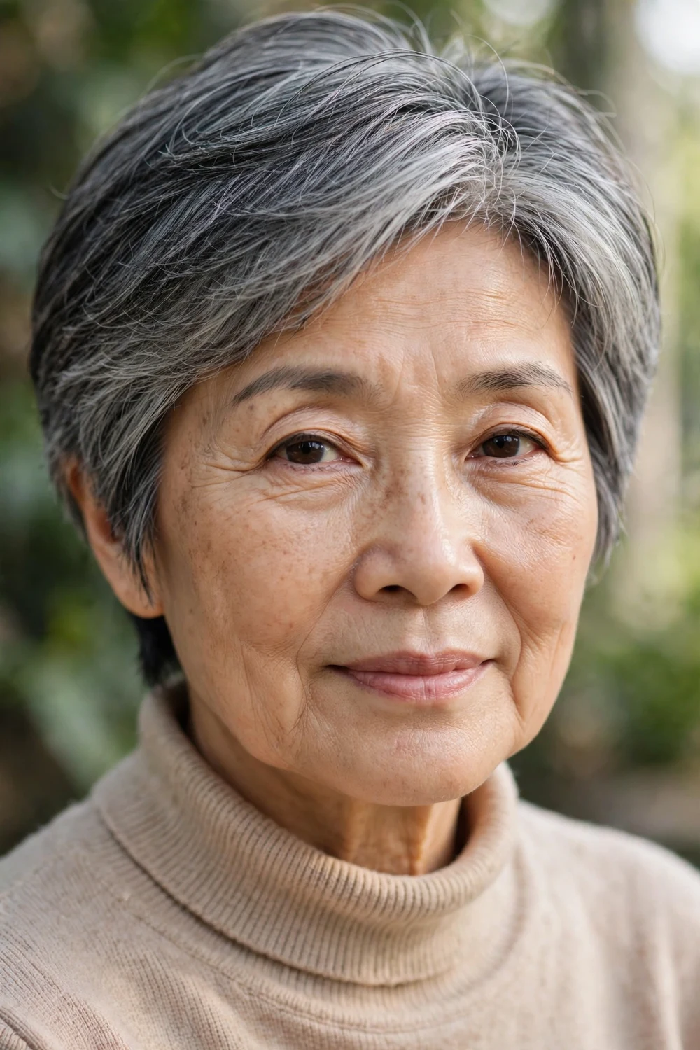 Woman over 60 with a gray-blending short haircut with silver and dark dimension