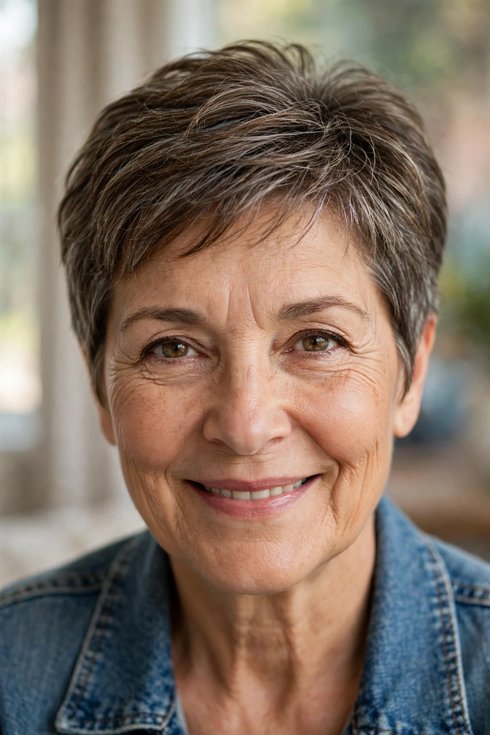 Woman over 60 with a layered short crop with subtle shape