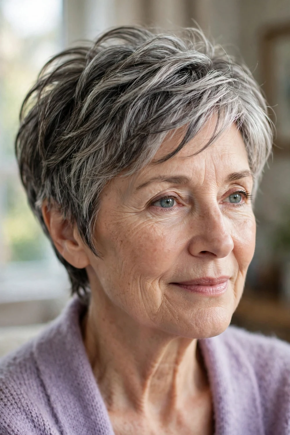 Woman over 60 with a long gray pixie with dark lowlights for depth
