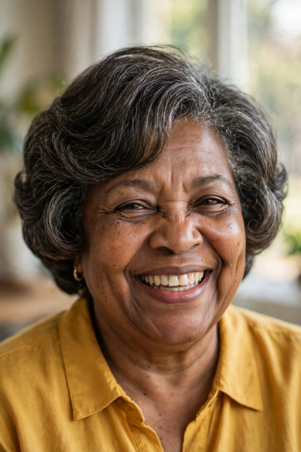 Woman over 60 with a round wedge haircut with soft voluminous layers