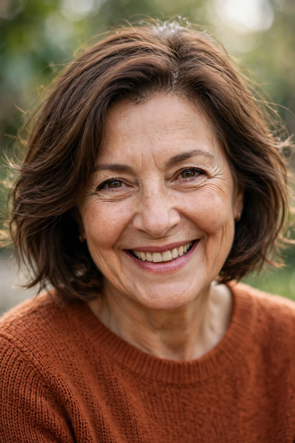 Woman over 60 with a carefree side-swept bob with a deep side part
