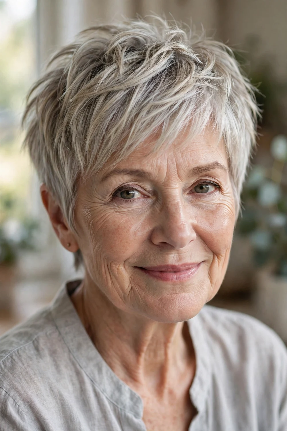 Woman over 60 with a silver beige choppy pixie with dimensional color