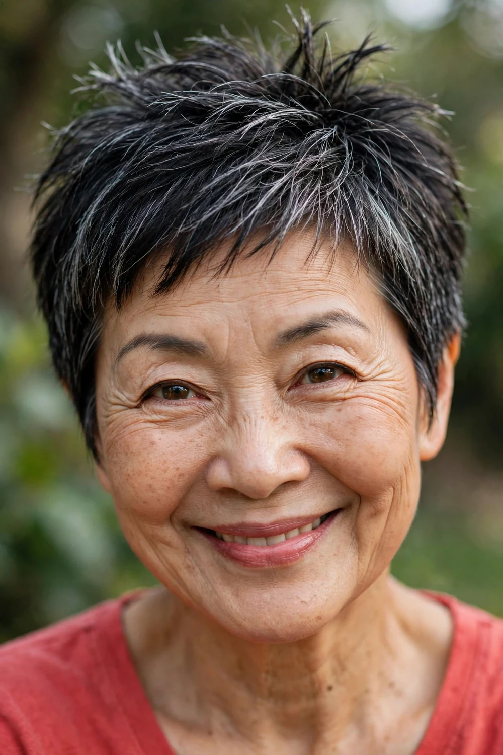 Woman over 60 with a soft spiky pixie with playful textured spikes