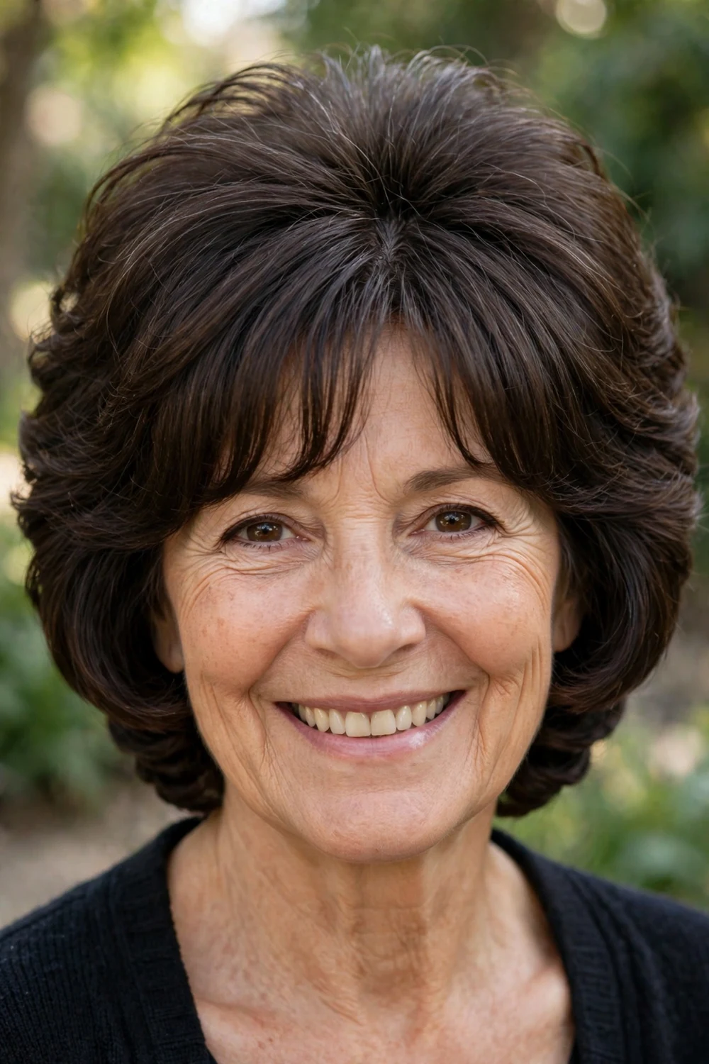 Woman over 60 with a stacked bob with curtain bangs and voluminous fine hair