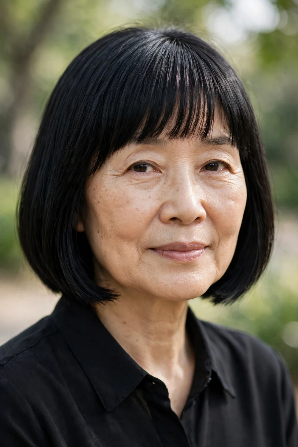 Woman over 60 with a straight short bob with a full fringe