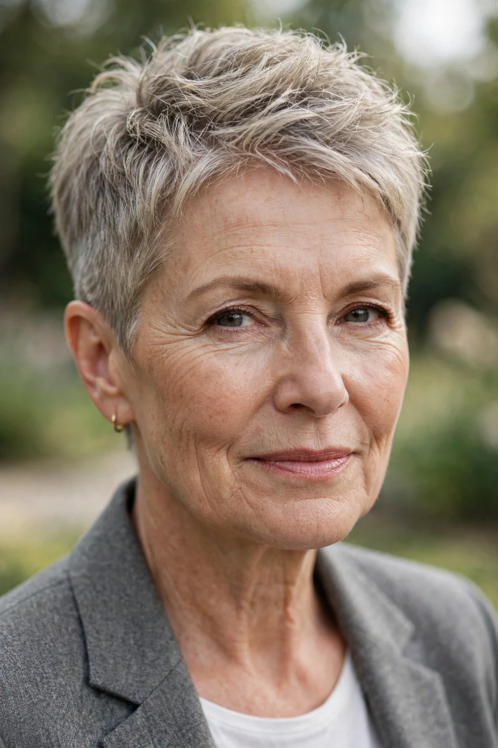 Woman over 60 with a tapered crop with short sides and volume on top