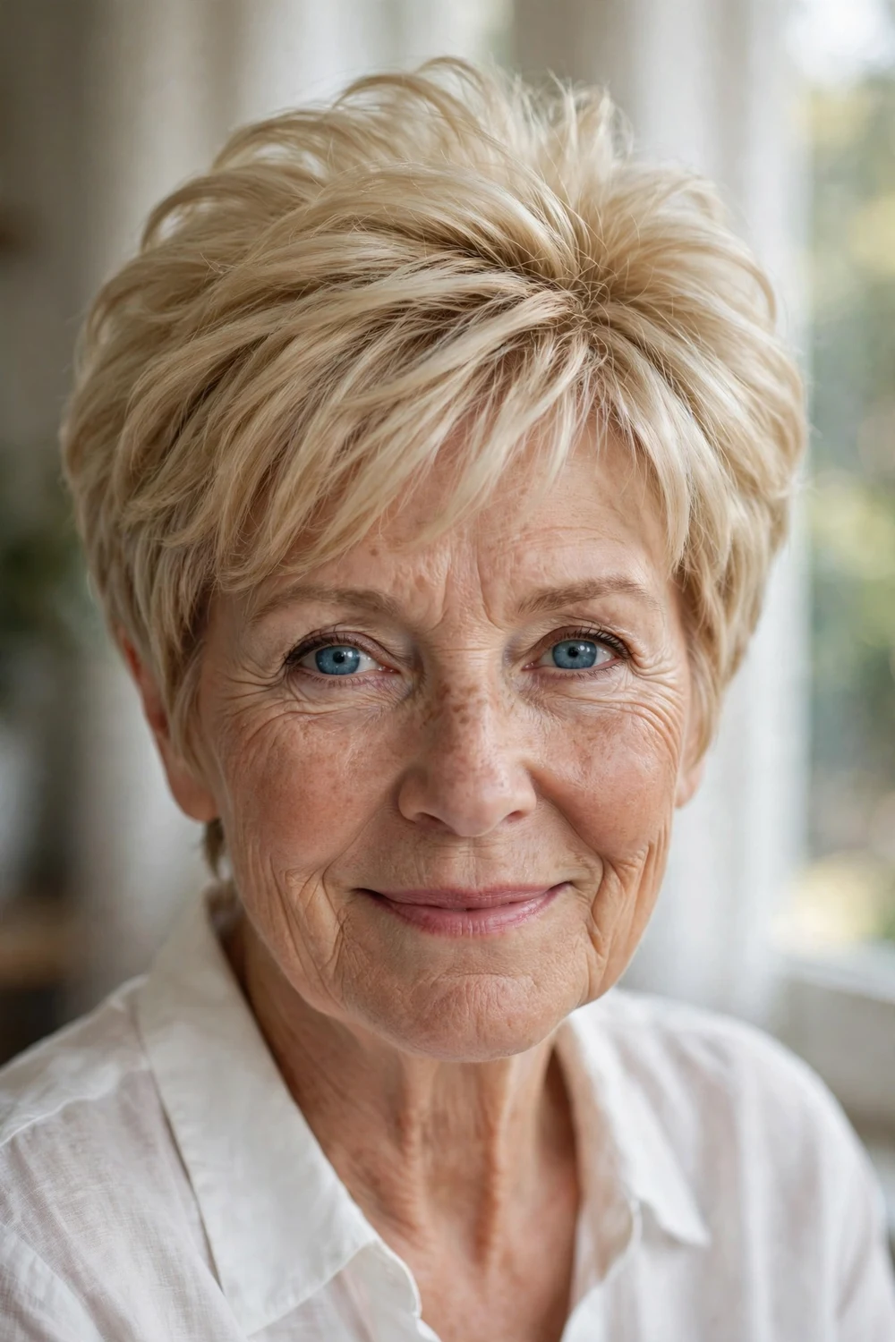 Woman over 60 with a buttery blonde volumized pixie with lifted crown
