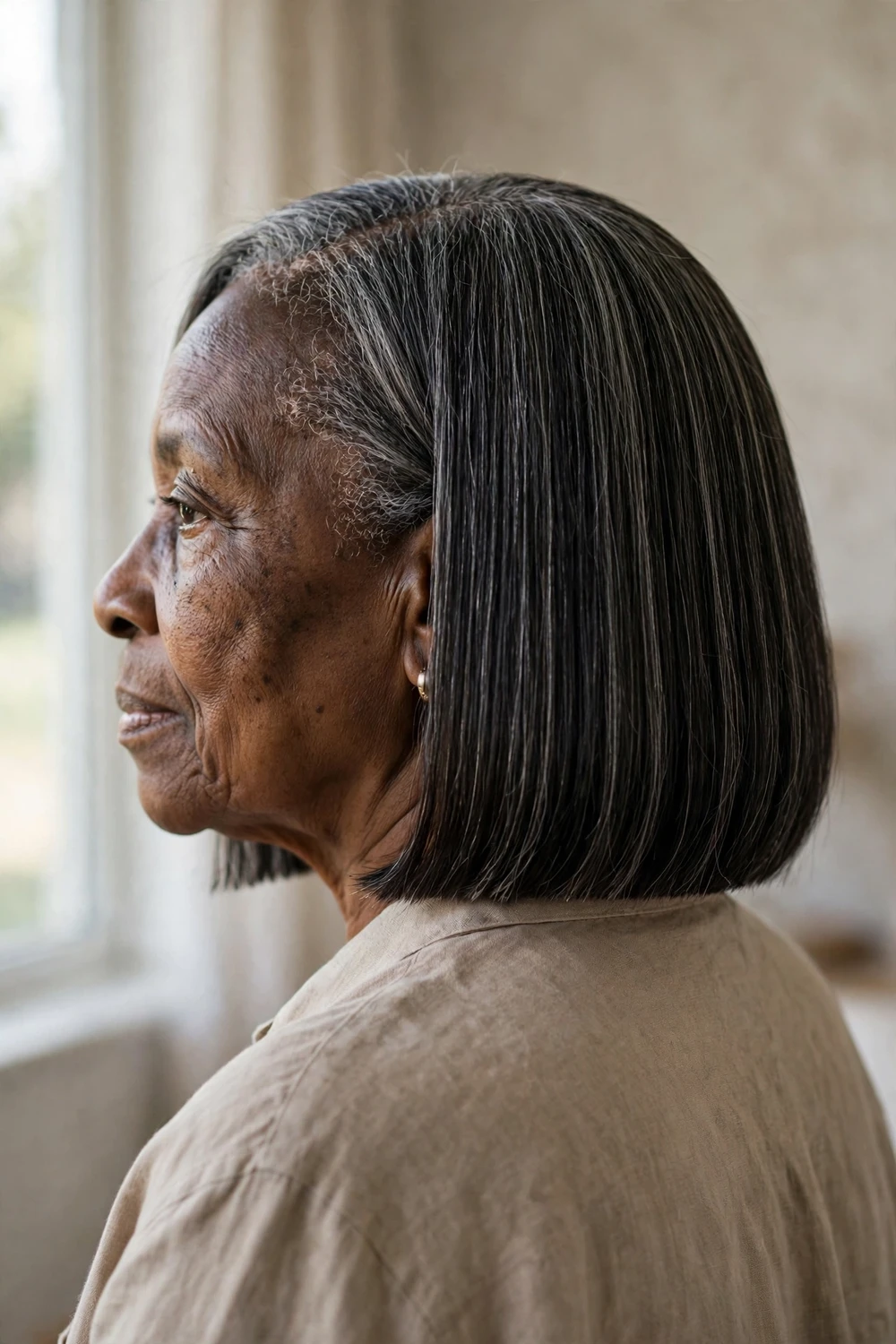 One-length blunt bob with clean ends on a woman over 60 with thinning fine hair