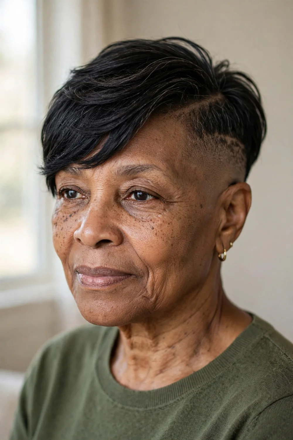 Older Black woman with one side faded and a pixie swept across
