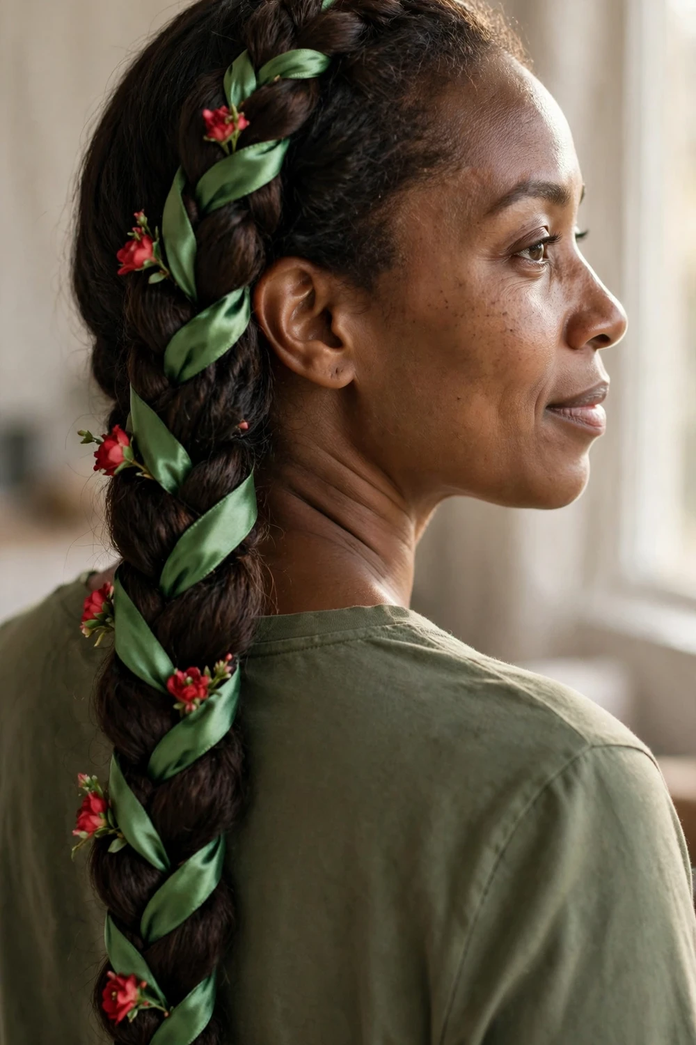 Fat chunky braid decorated like a Christmas ornament with green satin ribbon and red flowers