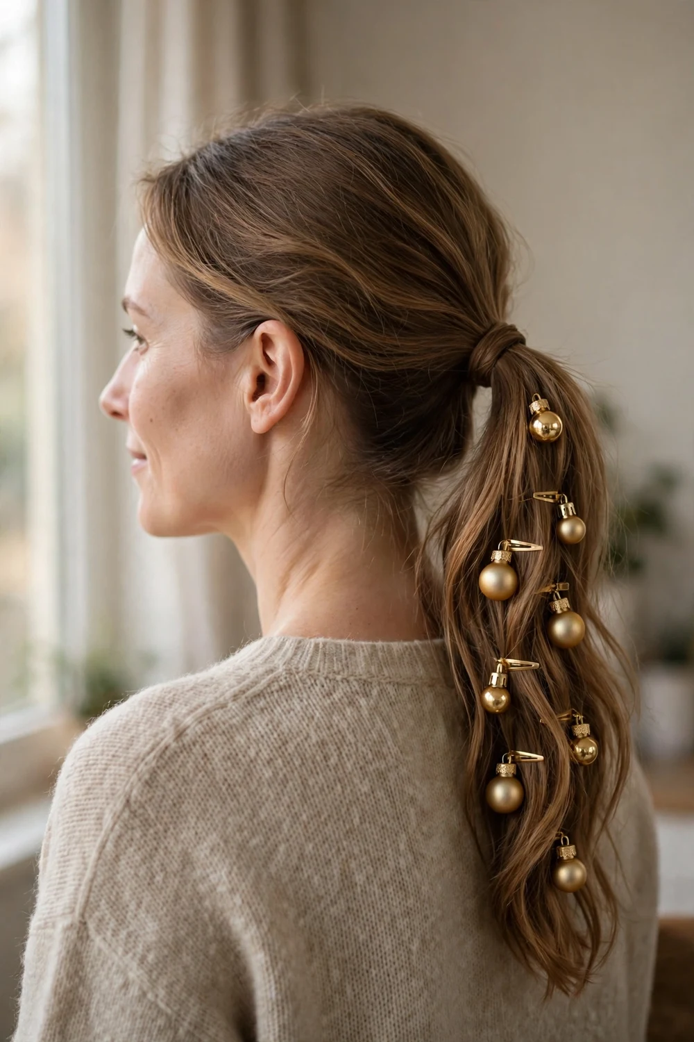 Woman with low ponytail decorated with gold Christmas ornaments