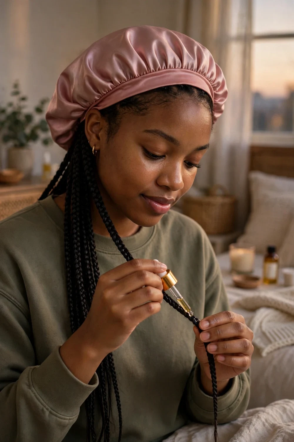Black woman with knotless braids wearing a satin bonnet after applying oil for an overnight soak