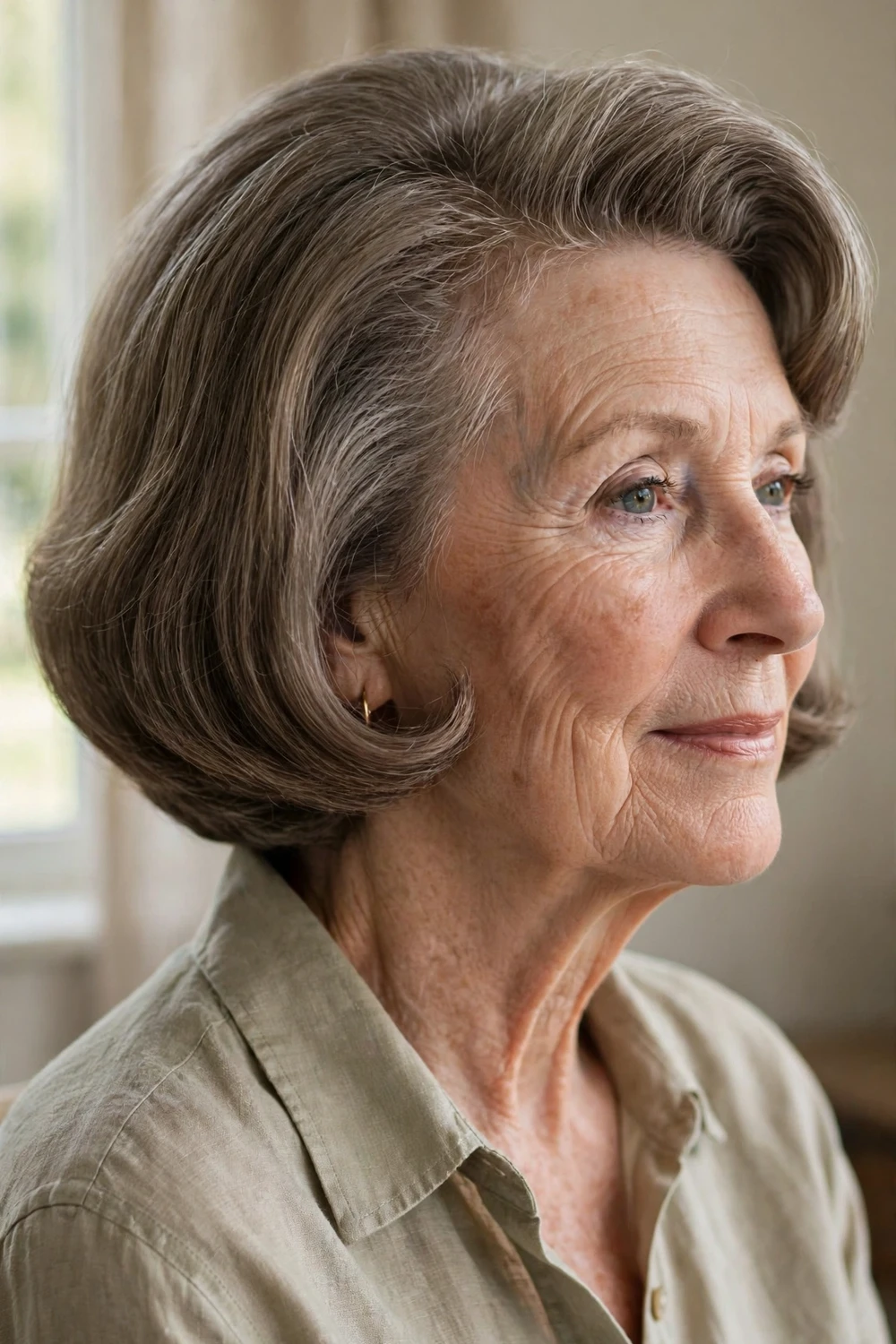 Rounded pageboy bob with built-in volume on a woman over 60