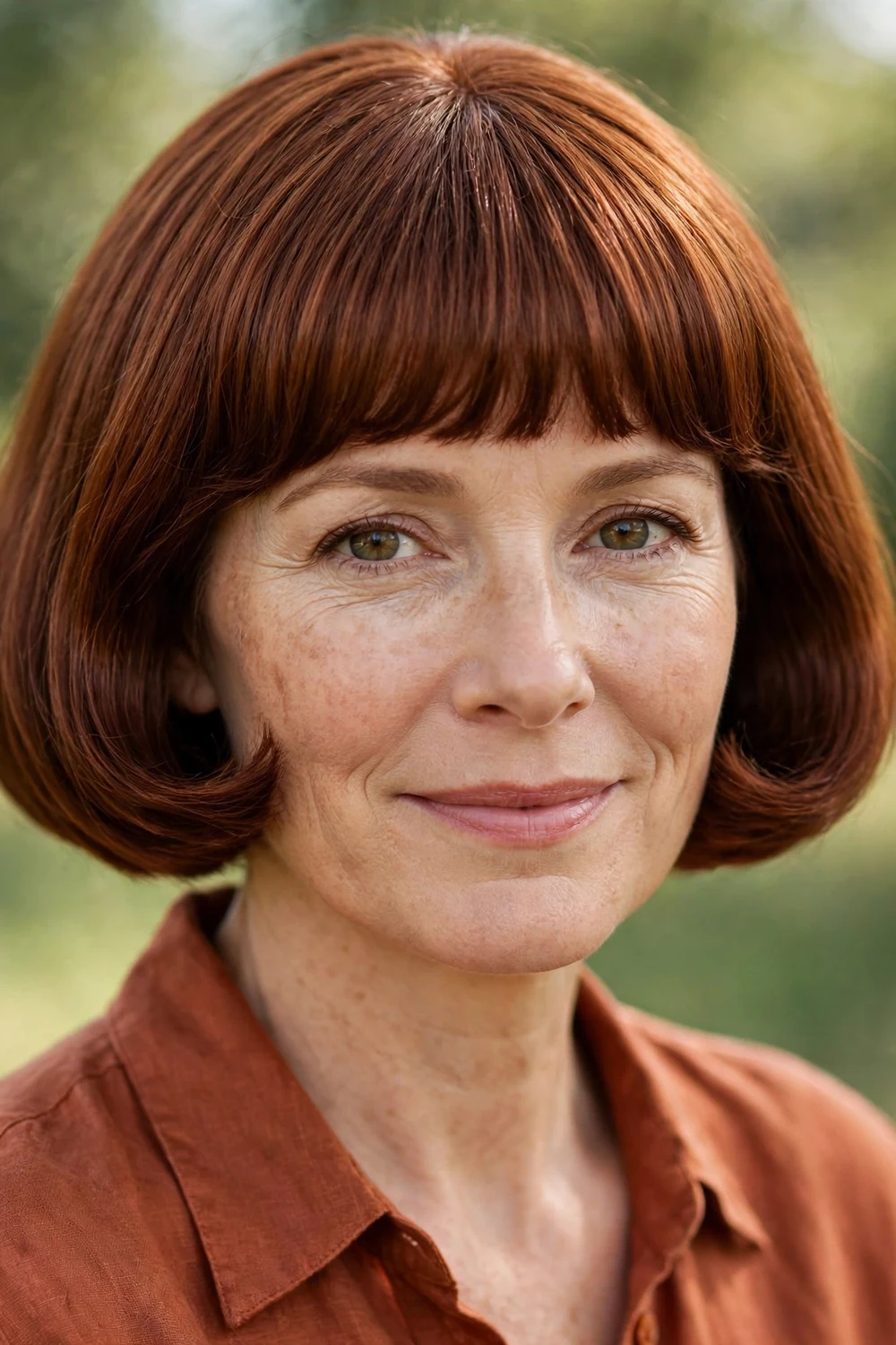 Woman with a pageboy micro bob haircut with curved under ends