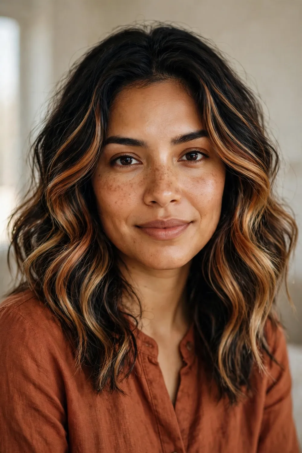 Painted desert balayage mixing copper sand and honey tones on dark hair