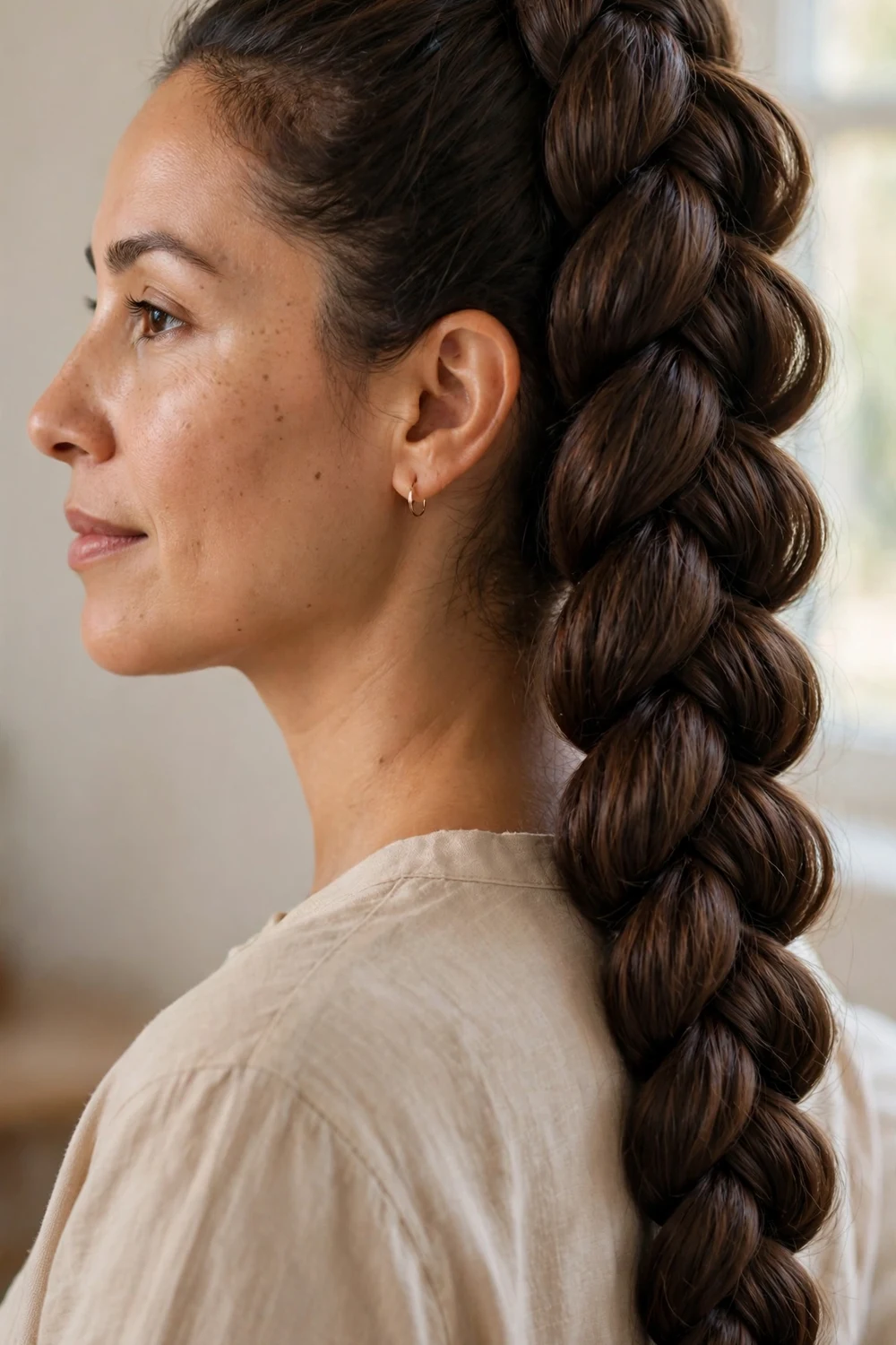Pancaked Dutch braid with raised inside-out weave on fine hair