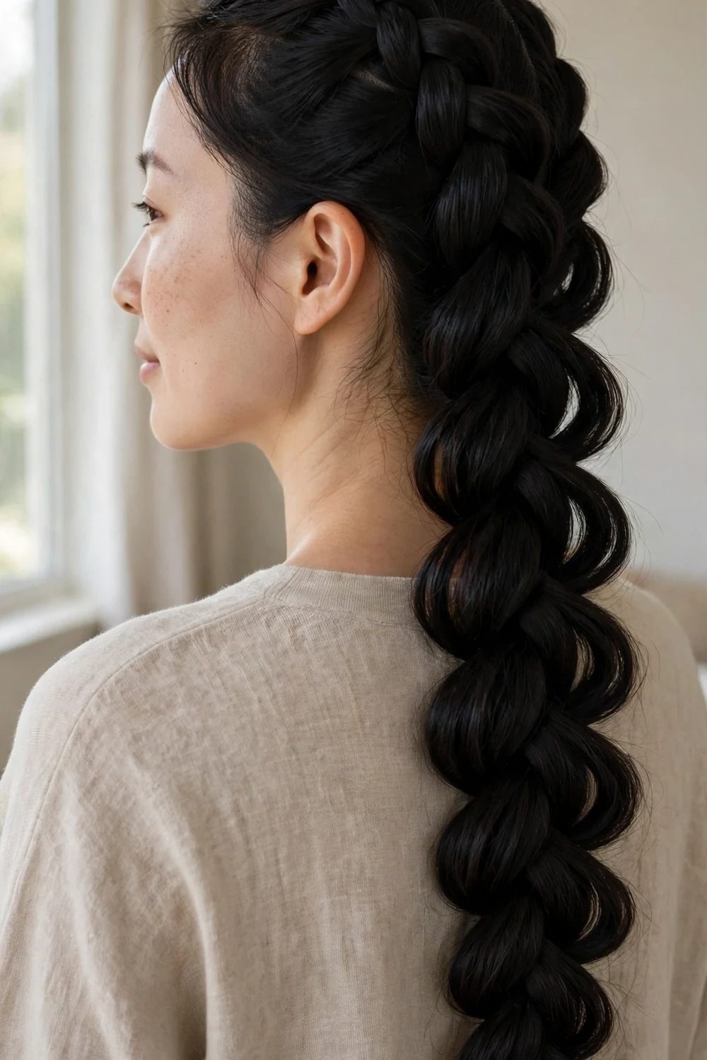 Wide pancaked French braid on thin hair looking full and wide