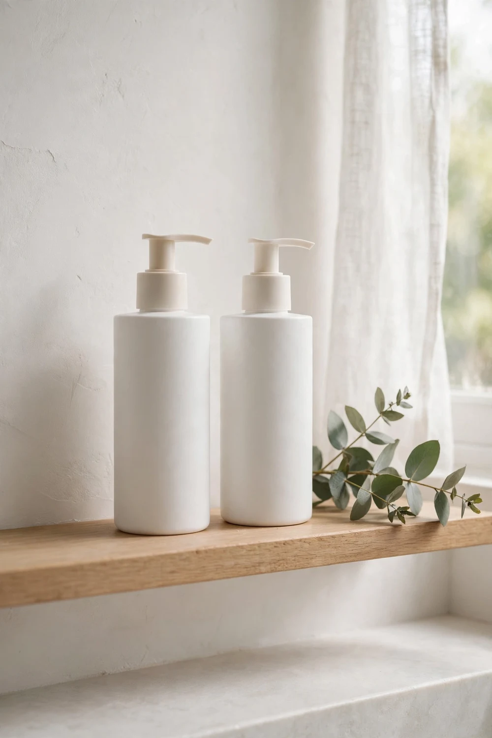 Paraben-free hair products lined up on a bathroom shelf