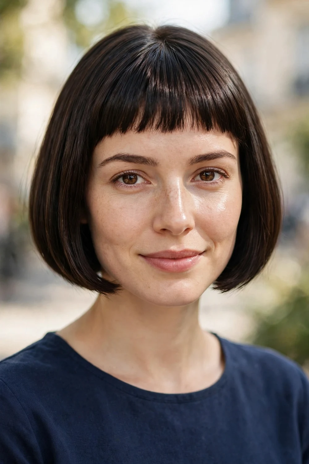 Woman with a Parisian micro bob haircut with baby bangs