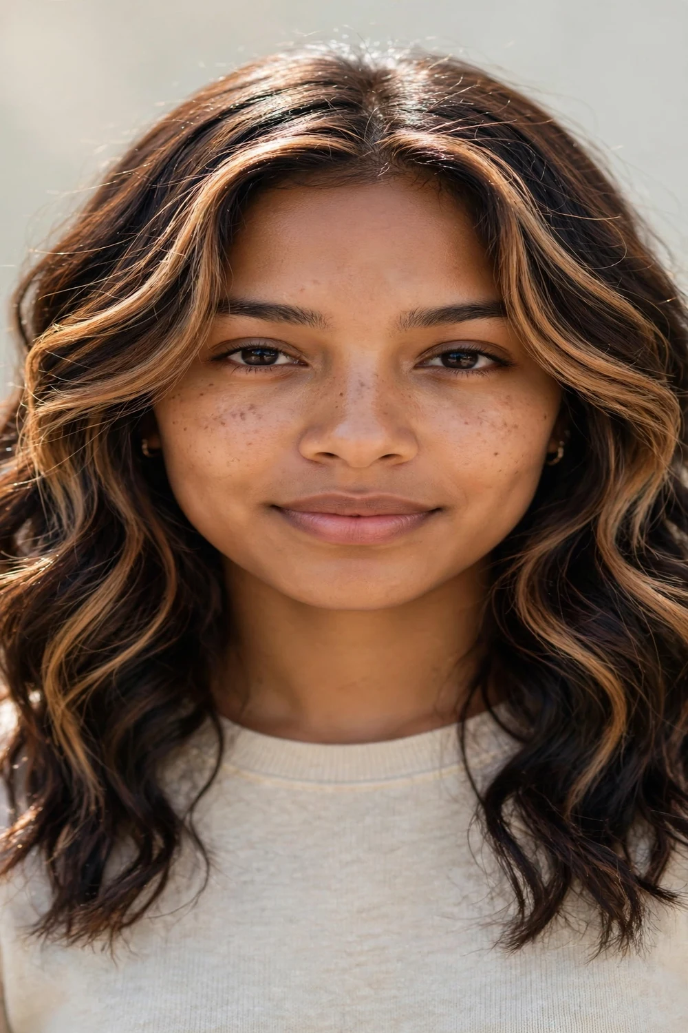 Woman with partial balayage on dark brown hair, caramel painted sections